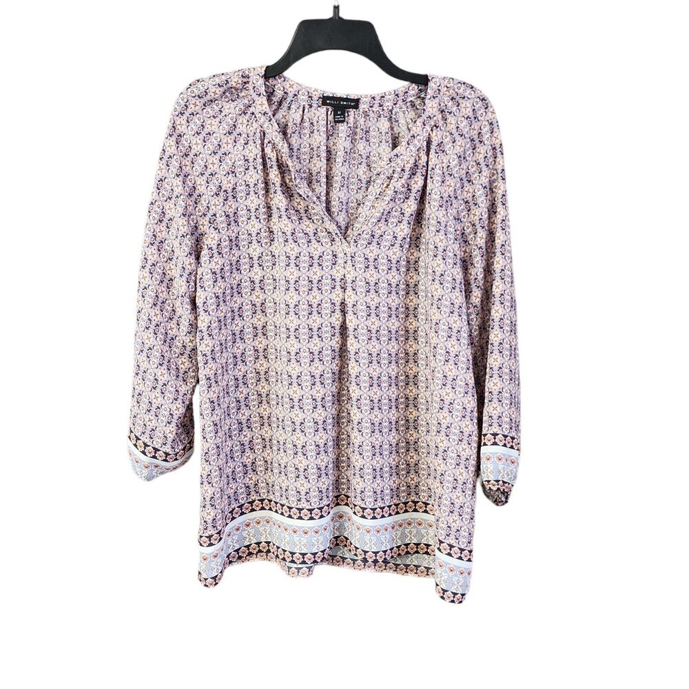 Willi Smith Blouse V Neck Size M Semi Sheer Flowy Floral Print Long Sleeve Top